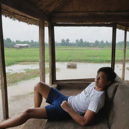 A young man leisurely reclining in a hut overlooking his catfish farm