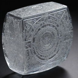 A multi-layered crystal artifact embedded with intricate technological patterns and designs