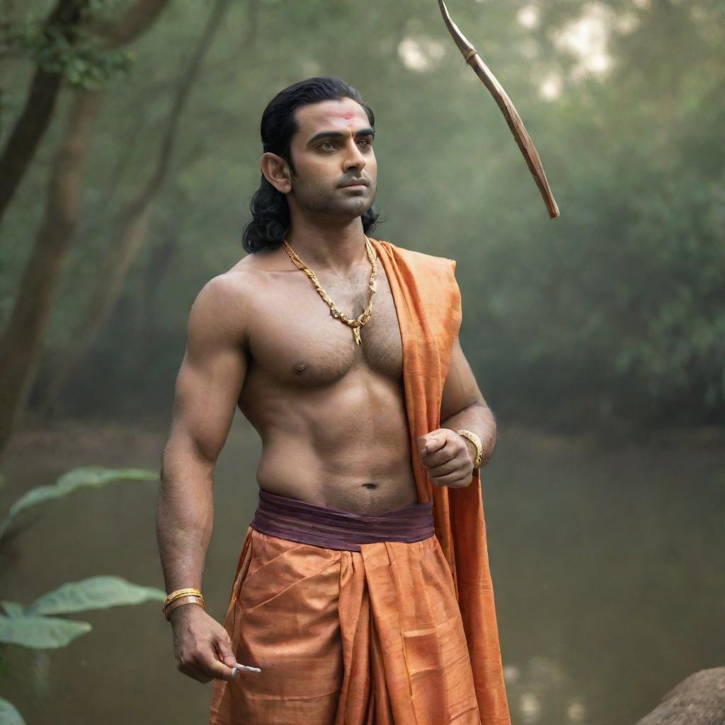 An inspiring portrait of Lord Ram, a legendary figure in Indian mythology, standing in a serene natural setting. He is presented in traditional attire, holding a bow and arrow, symbolizing his heroic archetype.