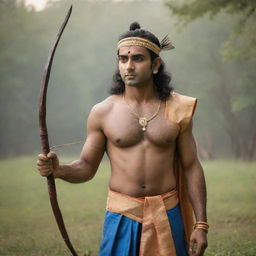 An inspiring portrait of Lord Ram, a legendary figure in Indian mythology, standing in a serene natural setting. He is presented in traditional attire, holding a bow and arrow, symbolizing his heroic archetype.