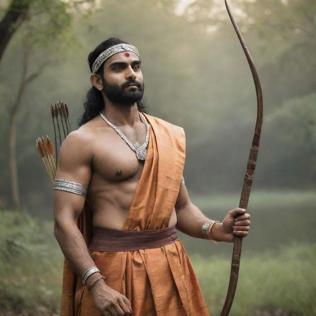 An inspiring portrait of Lord Ram, a legendary figure in Indian mythology, standing in a serene natural setting. He is presented in traditional attire, holding a bow and arrow, symbolizing his heroic archetype.