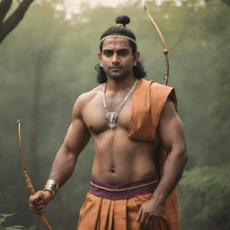 An inspiring portrait of Lord Ram, a legendary figure in Indian mythology, standing in a serene natural setting. He is presented in traditional attire, holding a bow and arrow, symbolizing his heroic archetype.