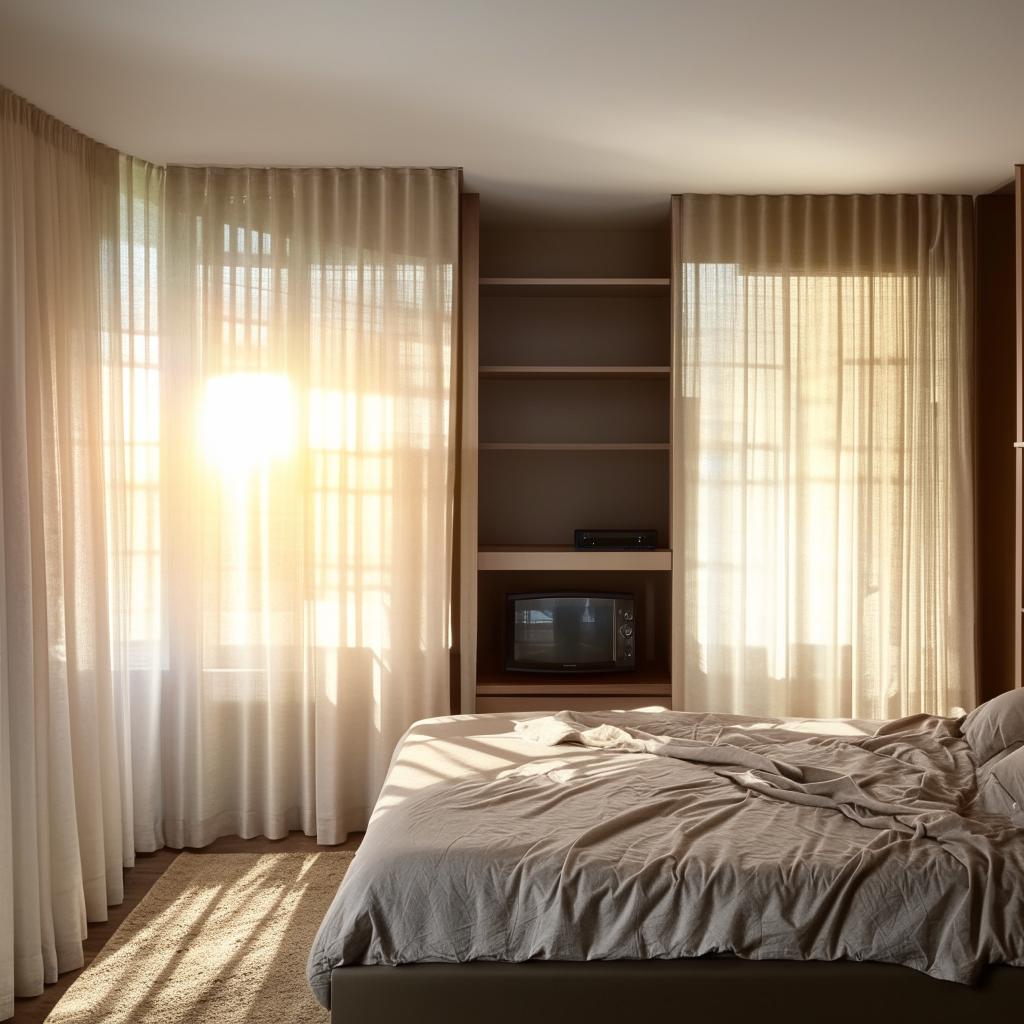 Cozy bedroom interior with television, flowing curtains, shelving, a large wardrobe, and sunlit windows.