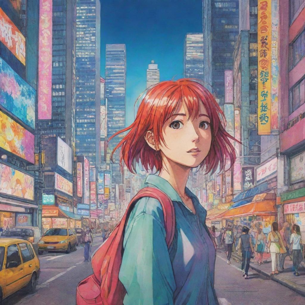 Draw a vibrant anime scene filled with color and life. Include characters with expressive emotions and a brightly illustrated, detailed cityscape in the background.