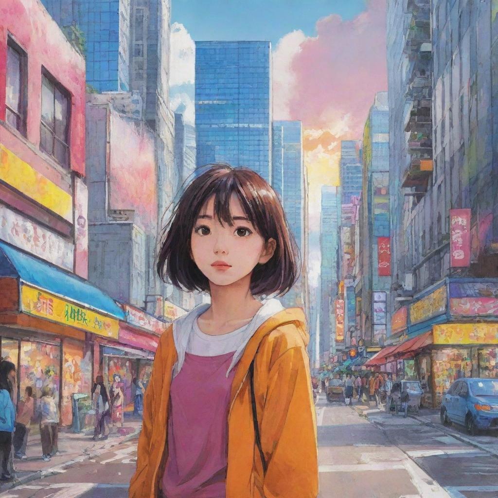 Draw a vibrant anime scene filled with color and life. Include characters with expressive emotions and a brightly illustrated, detailed cityscape in the background.