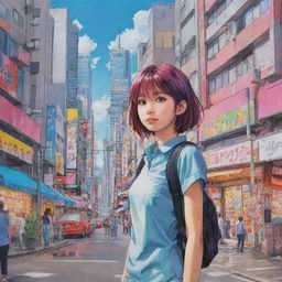 Draw a vibrant anime scene filled with color and life. Include characters with expressive emotions and a brightly illustrated, detailed cityscape in the background.