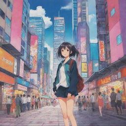 Draw a vibrant anime scene filled with color and life. Include characters with expressive emotions and a brightly illustrated, detailed cityscape in the background.