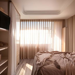 Cozy bedroom interior with television, flowing curtains, shelving, a large wardrobe, and sunlit windows.