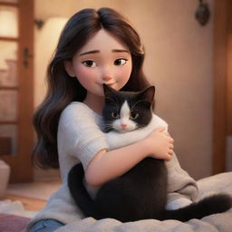 A cozy Disney Pixar styled scene of a brunette girl lovingly hugging her black and white cat, with a warm and inviting ambiance.