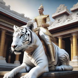 A digital art piece showcasing a Javanese prince majestically riding a large white tiger in the courtyard of a temple