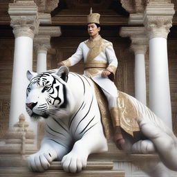 A digital art piece showcasing a Javanese prince majestically riding a large white tiger in the courtyard of a temple