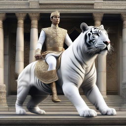 A digital art piece showcasing a Javanese prince majestically riding a large white tiger in the courtyard of a temple