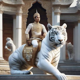 A digital art piece showcasing a Javanese prince majestically riding a large white tiger in the courtyard of a temple