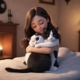 A cozy Disney Pixar styled scene of a brunette girl lovingly hugging her black and white cat, with a warm and inviting ambiance.