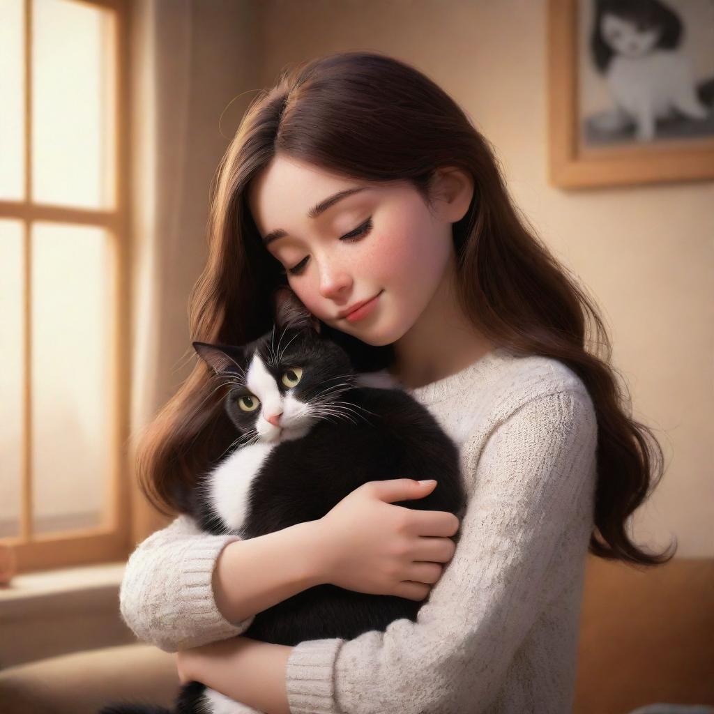 A cozy Disney Pixar styled scene of a brunette girl lovingly hugging her black and white cat, with a warm and inviting ambiance.