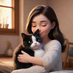 A cozy Disney Pixar styled scene of a brunette girl lovingly hugging her black and white cat, with a warm and inviting ambiance.