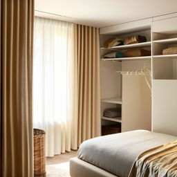 Cozy bedroom interior with television, flowing curtains, shelving, a large wardrobe, and sunlit windows.