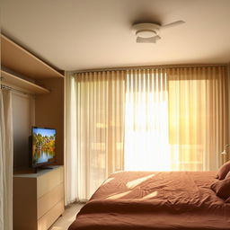 Cozy bedroom interior with television, flowing curtains, shelving, a large wardrobe, and sunlit windows.