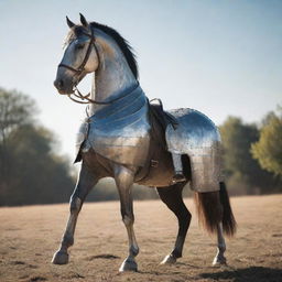 A brave horse in full battle armor, standing tall, ready for warfare, sporting a lavish medieval style armor, shining under the sunlight.