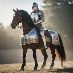 A brave horse in full battle armor, standing tall, ready for warfare, sporting a lavish medieval style armor, shining under the sunlight.