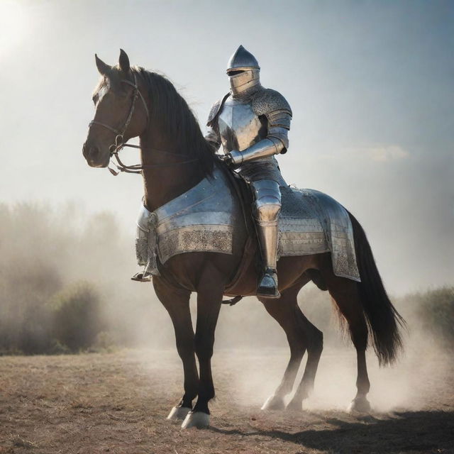 A brave horse in full battle armor, standing tall, ready for warfare, sporting a lavish medieval style armor, shining under the sunlight.