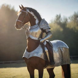 A brave horse in full battle armor, standing tall, ready for warfare, sporting a lavish medieval style armor, shining under the sunlight.