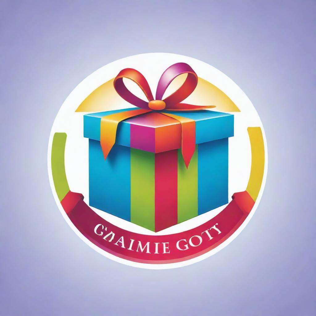 A professionally designed logo for a gift company, containing vibrant colors and iconography indicative of gift-giving and celebration