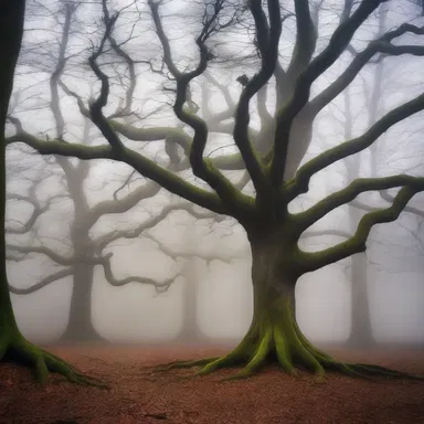 In the mystical forest, the trees grew crookedly, their twisted branches reaching out like skeletal arms.
