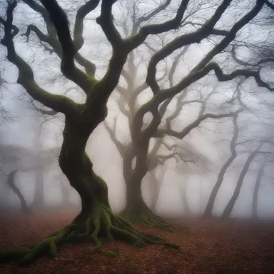In the mystical forest, the trees grew crookedly, their twisted branches reaching out like skeletal arms.