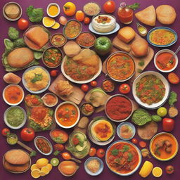 A high-resolution digital art image showcasing a variety of colorful, delicious-looking foods