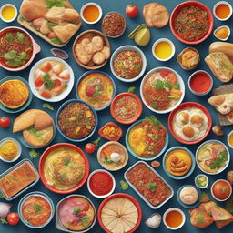 A high-resolution digital art image showcasing a variety of colorful, delicious-looking foods