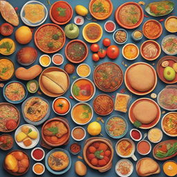 A high-resolution digital art image showcasing a variety of colorful, delicious-looking foods