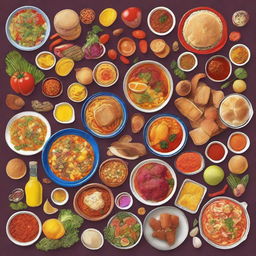 A high-resolution digital art image showcasing a variety of colorful, delicious-looking foods