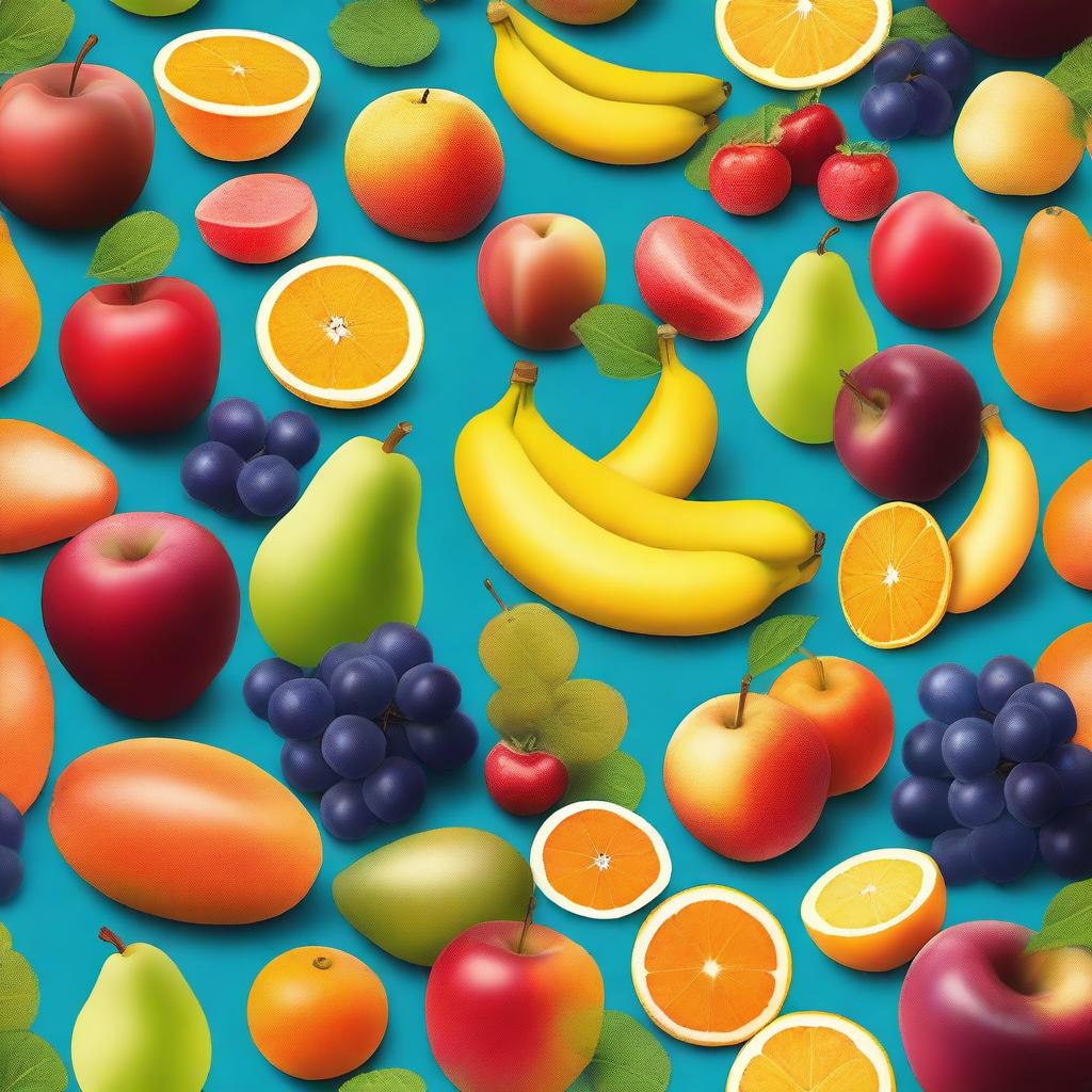 A high-quality digital art image featuring an assortment of vibrant, fresh fruits