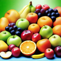 A high-quality digital art image featuring an assortment of vibrant, fresh fruits