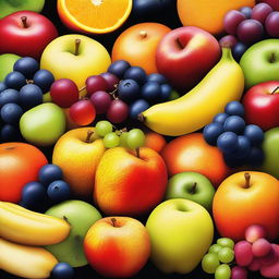 A high-quality digital art image featuring an assortment of vibrant, fresh fruits