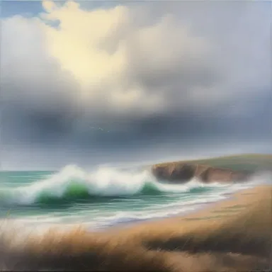 The artist painted a stunning landscape depicting a fogbank rolling in over the sea.