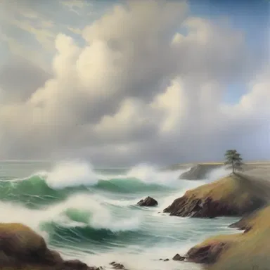 The artist painted a stunning landscape depicting a fogbank rolling in over the sea.