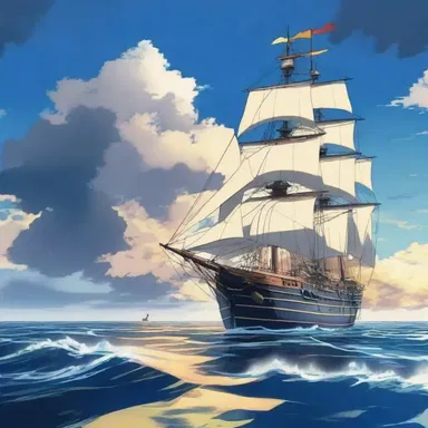 In the anime series, the protagonist's ship encounters a mysterious fogbank while sailing across the ocean, setting the stage for a thrilling adventure.