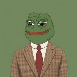 This is a digital art image of Pepe the Frog, depicted in the style of director Wes Anderson