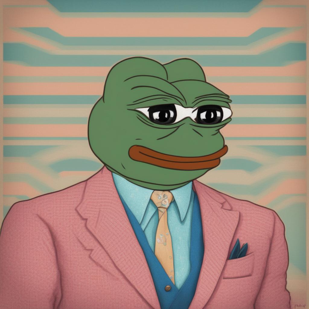 This is a digital art image of Pepe the Frog, depicted in the style of director Wes Anderson