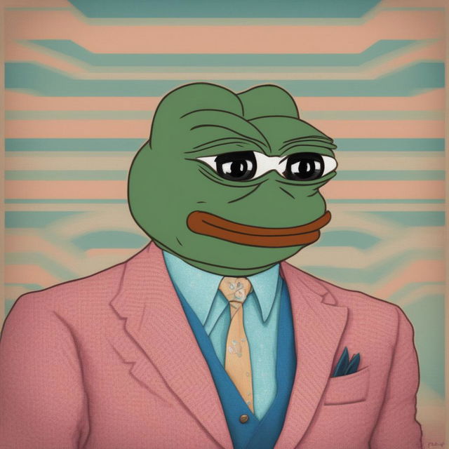 This is a digital art image of Pepe the Frog, depicted in the style of director Wes Anderson