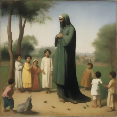 The painting depicted a tutelar figure watching over a group of children playing in a garden.