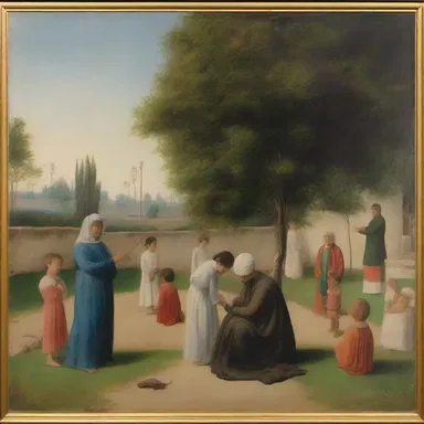 The painting depicted a tutelar figure watching over a group of children playing in a garden.