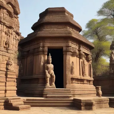 The ancient temple was built with a tutelar statue guarding the entrance.