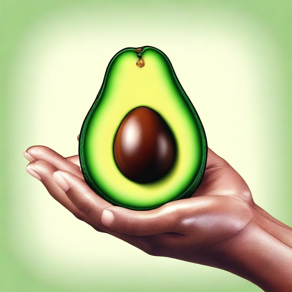 A high-quality digital art image featuring a human hand holding a ripe avocado