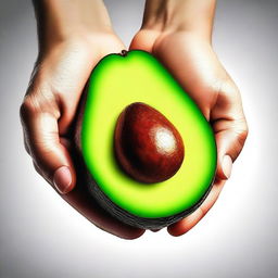 A high-quality digital art image featuring a human hand holding a ripe avocado