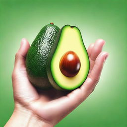 A high-quality digital art image featuring a human hand holding a ripe avocado