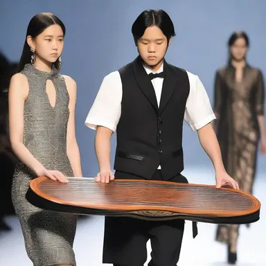 The talented musician walked down the runway, playing the zither with grace and adding an artistic touch to the fashion show.