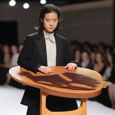 The talented musician walked down the runway, playing the zither with grace and adding an artistic touch to the fashion show.
